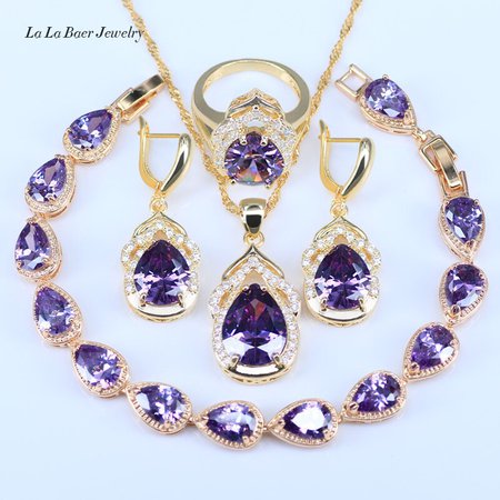 L & B piękny fioletowy stworzony cyrkon biały CZ złoty kolor zestawy biżuterii dla kobiet spadek kolczyki naszyjnik bransoletki wisiorek pierścienie w Zestawy biżuterii ślubnej od Biżuteria i Akcesoria na Aliexpress.com | Grupa Alibaba
