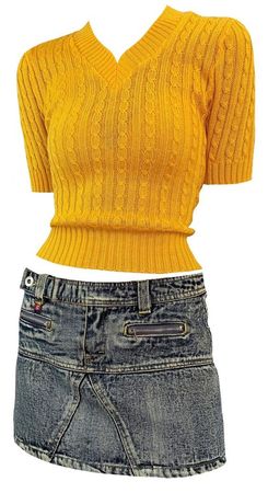 V neck yellow knit top and denim miniskirt