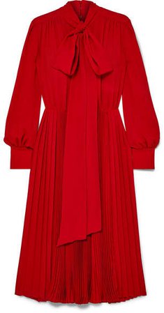 Pussy-bow Pleated Silk Crepe De Chine Dress - Red