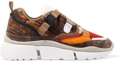 Sonnie Canvas, Mesh, Suede And Snake-effect Leather Sneakers - Snake print