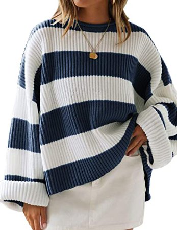 ZESICA Women's Long Sleeve Crew Neck Striped Color Block Comfy Loose Oversized Knitted Pullover Sweater Grey at Amazon Women’s Clothing store