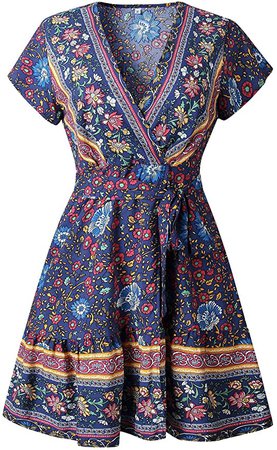 Temofon Women's Dresses Summer Bohemian Vintage Floral Printed Ruffle Hem Short Sleeve V-Neck Mini Dress Navy XL at Amazon Women’s Clothing store