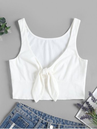 [25% OFF] [POPULAR] 2020 ZAFUL Solid Tie Front Cropped Tank Top In MILK WHITE | ZAFUL