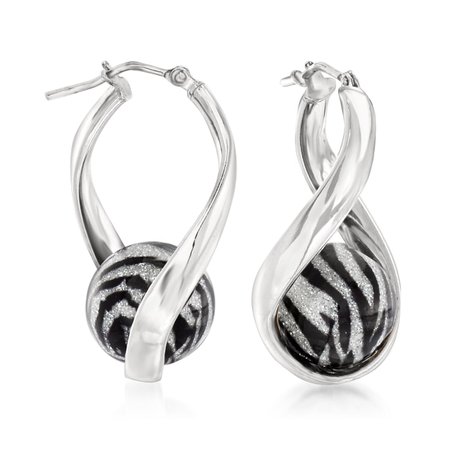 Ross-Simons Italian Zebra-Print Murano Glass Bead Twisted Hoop Earrings