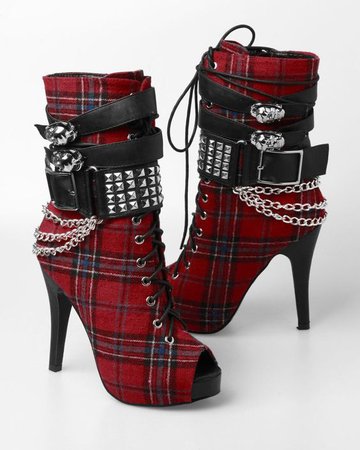 Red plaid heels with black leather silver studs