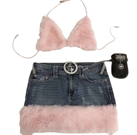 fluffy pink matching denim skirt set