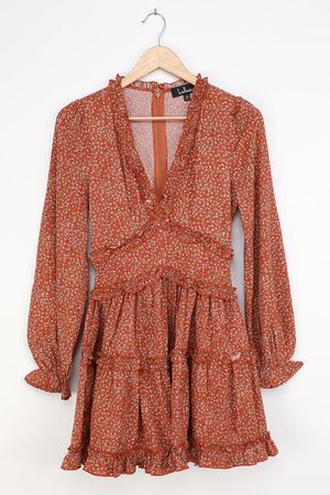 Orange Floral Print Dress - Ruffled Dress - Tiered Mini Dress - Lulus