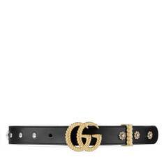 Leather belt with oval enameled buckle in Pink leather | Gucci Women's Belts