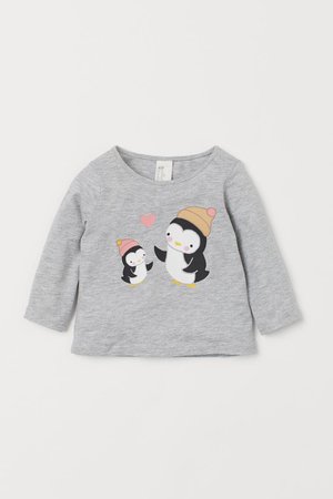 Printed Jersey Top - Light gray melange/penguins - Kids | H&M US