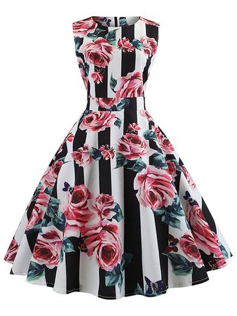 2019 Vintage Floral Print Striped Swing Dress | Rosegal.com