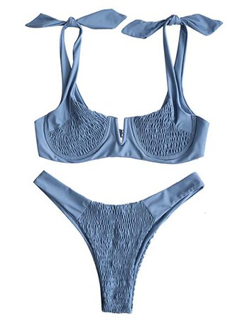 Amazon.com: ZAFUL Women's Smocked Bowknot Shoulder Underwire V Cut Bikini Set Two Piece Shirred Swimsuit Swimwear Blue: Clothing
