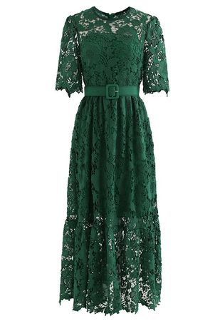 Princess Chic Floral Crochet Belted Dress in Green - Retro, Indie and Unique Fashion
