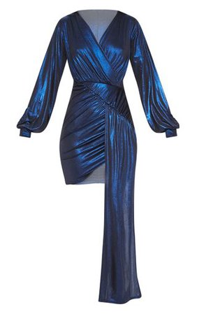 Blue Metallic Slinky Drape Dress | Dresses | PrettyLittleThing USA