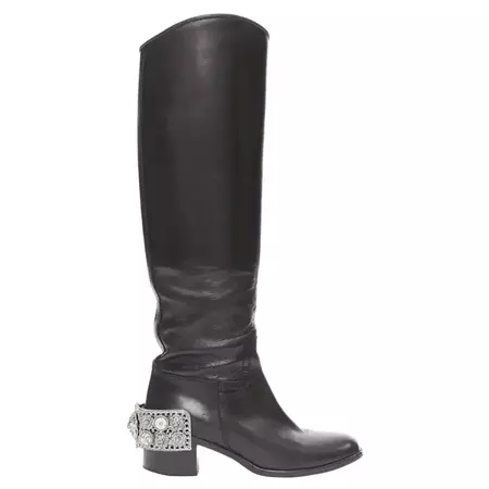 CHANEL 07A Runway silver Lion Camellia Star metal bar black riding boot EU37.5 For Sale at 1stDibs