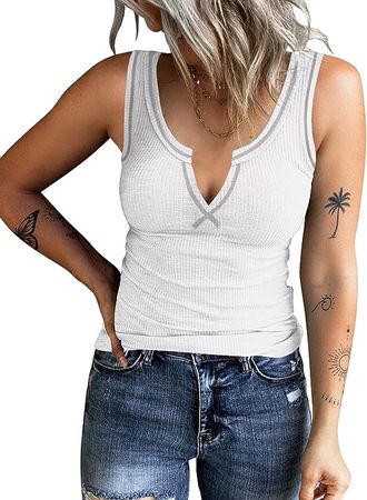 HERILIOS Women's Tank Tops Ribbed V Neck Sleeveless T Shirts Summer Slim Fitted Basic Tee Tops Crew Neck Cami Shirt at Amazon Women’s Clothing store