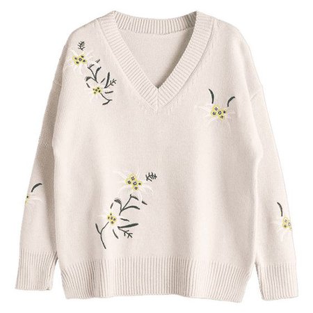 Drop Shoulder Embroidered V Neck Sweater Beige (€25)