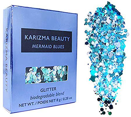 Amazon.com : Mermaid Blues Biodegradable Chunky Glitter // Karizma Beauty Bio Glitter Eco Glitter Face Glitter Festival Chunky 10g : Beauty
