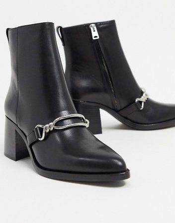 All Saints rhye leather chain detail heeled boots in black | ASOS