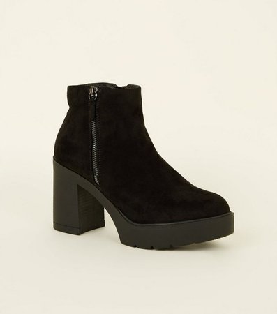 Boots en suédine noires à zip sur le côté et talons blocs | New Look