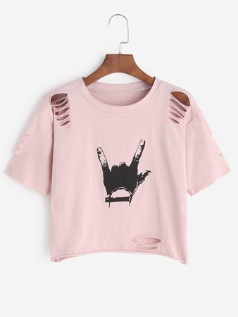 Pink Love Gesture Print Ripped T-shirtFor Women-romwe