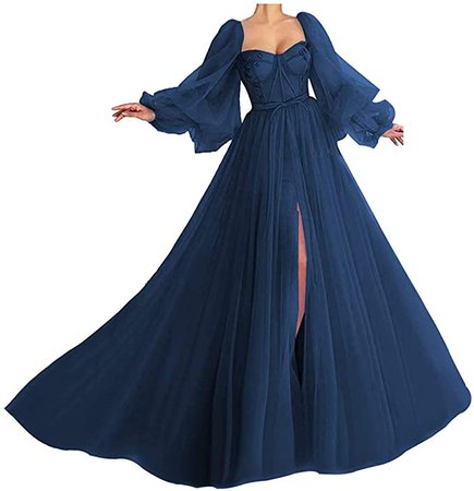 Puffy Sleeve Prom Dress for Women Long Sweetheart Tulle Ball Gowns with Split Navy Blue