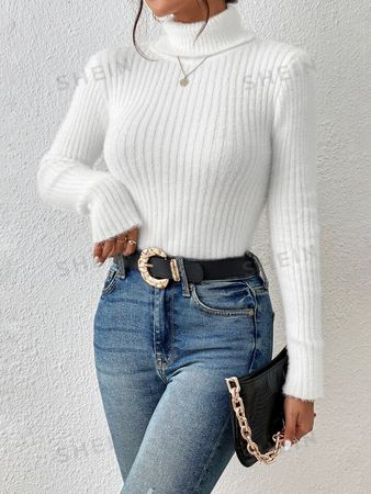 SHEIN Frenchy Turtleneck Ribbed Knit Grain White Bodycon Sweater | SHEIN