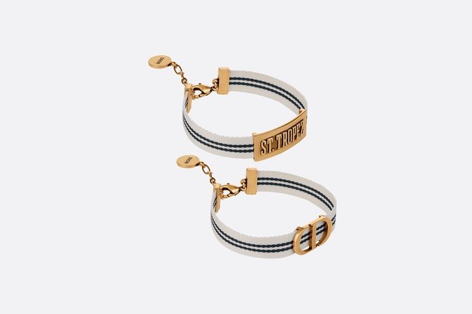 Dior Beach 'St. Tropez' Bracelet Set White and Blue Grosgrain Ribbon with Antique Gold-Finish Metal