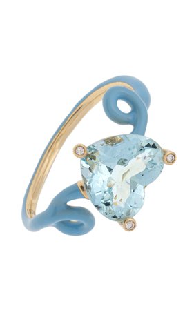 18k Yellow Gold Penny Ring With Aquamarine And Baby Blue Enamel By Bea Bongiasca