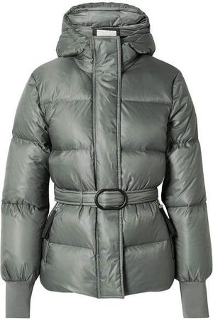 Belted Quilted Shell Down Jacket - Gray green