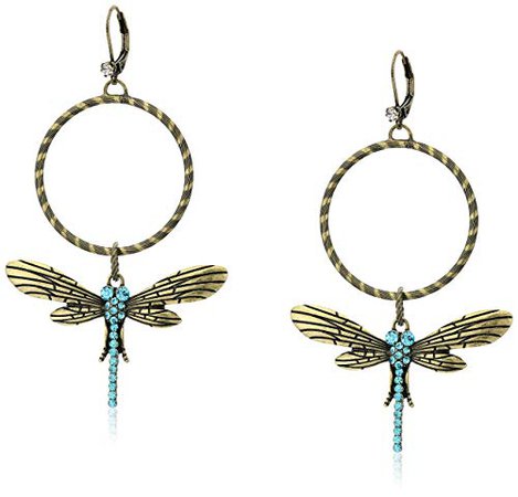Betsey Johnson "Throwback Betsey" Pave Dragonfly Gypsy Hoop Earrings: Jewelry