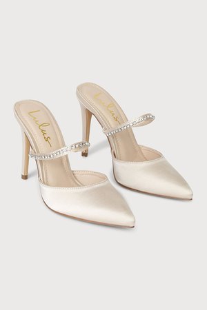 Phyly Ivory Satin Rhinestone Pointed-Toe Mule Pumps Lulus