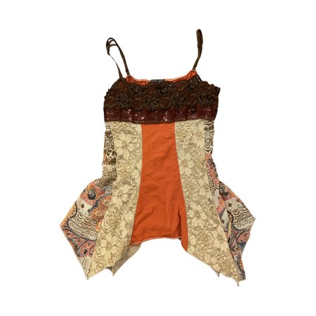 hanky hem camisole top with bedazzled sequined bust, lace paneling, printed paneling, and orange paneling