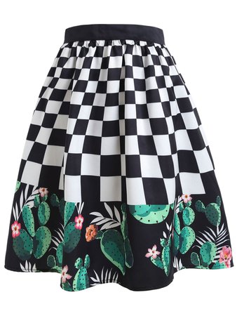 Checked Cactus Printed A-line Skirt In Multicolor