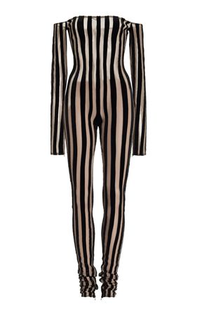 Striped Off-The-Shoulder Velvet Catsuit By Laquan Smith | Moda Operandi