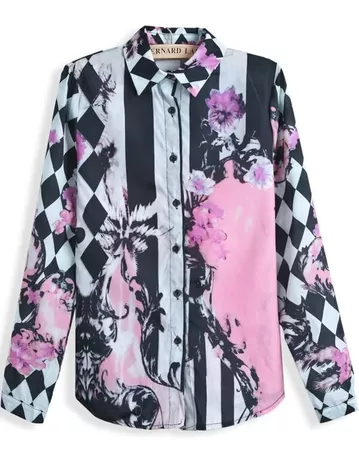 Pink Long Sleeve Geometric Floral Print Blouse SHEIN