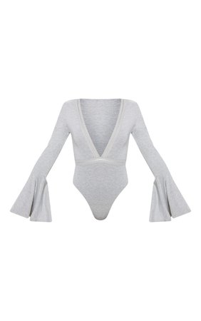 Grey Crochet Trim Plunge Flare Sleeve Bodysuit | PrettyLittleThing USA