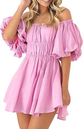 PRETTYGARDEN Women's Off The Shoulder Babydoll Dress Short Puff Sleeve Casual A Line Ruffle Summer Dresses at Amazon Women’s Clothing store