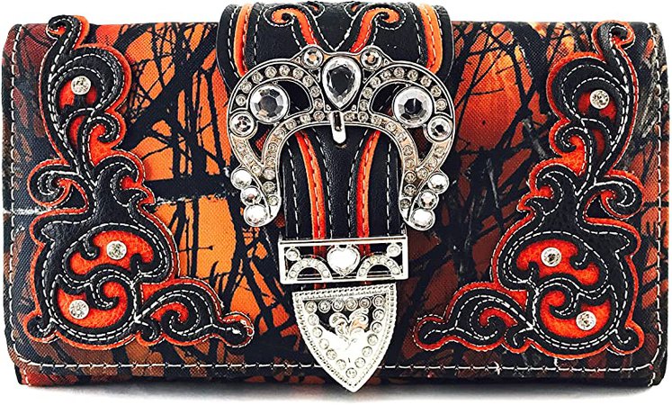Justin West Camouflage Tree Branches Bling Rhinestone Cross Wings Buckle Crossbody Chain Messenger and Purse (Buckle Orange Wallet Only)