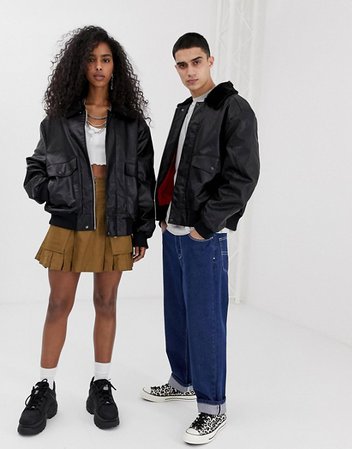 COLLUSION Unisex faux leather bomber with fleece collar | ASOS