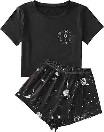 SweatyRocks Women's Cute Graphic Print Short Sleeve Crop Top with Shorts Pajama Set Black L at Amazon Women’s Clothing store