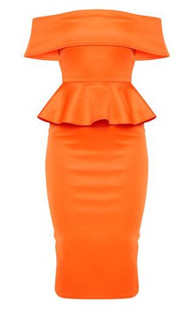 Bright Orange Bardot Peplum Detail Midi Dress | PrettyLittleThing