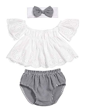 Amazon.com: Toddler Baby Girls Clothes Lace Off Shoulder Short Sleeve Tops+Stripe Shorts +Bow Headband Summer Outfits Set: Clothing