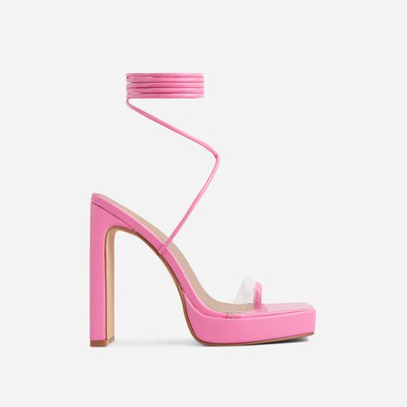 Total-Flirt Lace Up Perspex Detail Square Toe Platform Thin Block Heel In Pink Faux Leather | EGO