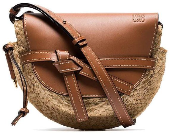 brown gate mini leather and raffia shoulder bag
