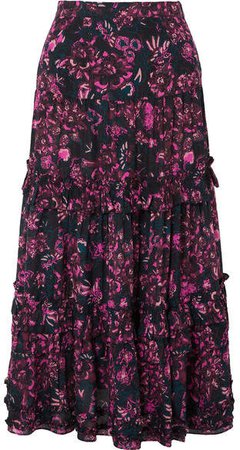 Amalia Tiered Floral-print Cotton-blend Voile Midi Skirt - Dark purple