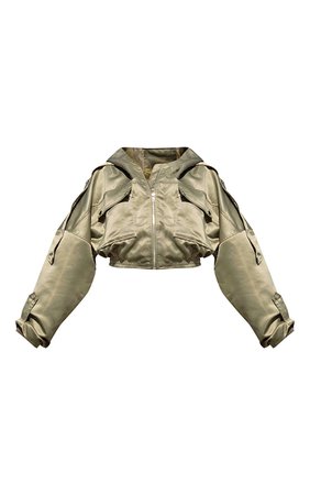 Black Satin Oversized Hooded Pocket Bomber Jacket | PrettyLittleThing