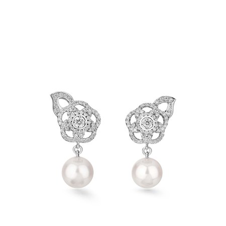 Chanel, Camélia Brodé earrings in white gold, pearls and diamonds