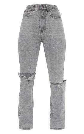 Washed Grey Slash Knee Long Leg Straight Leg Jeans | PrettyLittleThing USA