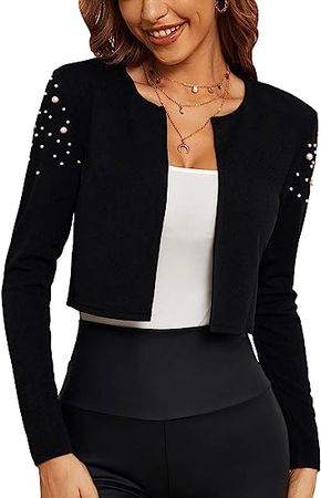 SweatyRocks Women's Elegant Long Sleeve Beaded Open Front Cropped Cardigan Sweater at Amazon Women’s Clothing store