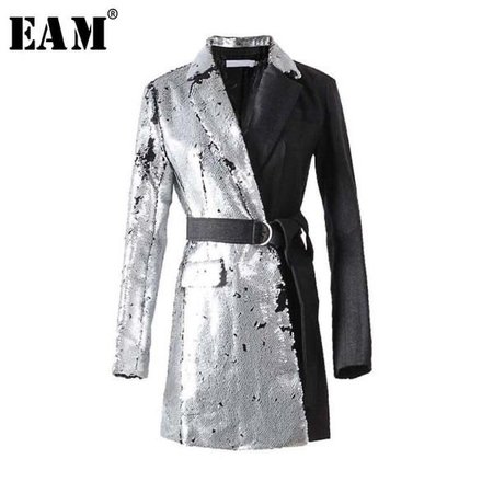[EAM] Lapel Long Sleeve Half Side Sequins Stitch Loose Buckle Jacket